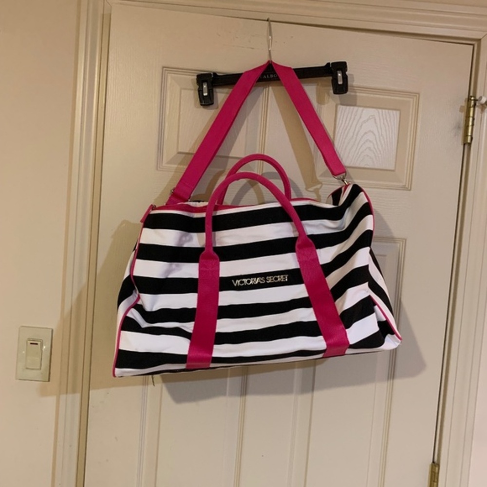 Victoria’s Secret Black/White/Pink Canvas Duffle Tote Bag